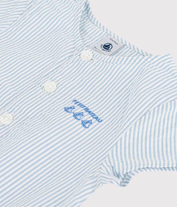 Babies' short-sleeved stripy cotton rompers blue/blue