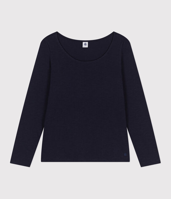 Women's Straight long-sleeved scoop neck T-shirt in slub jersey SMOKING blue