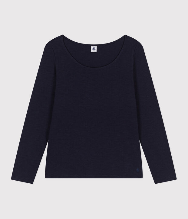 Women's Straight long-sleeved scoop neck T-shirt in slub jersey blue