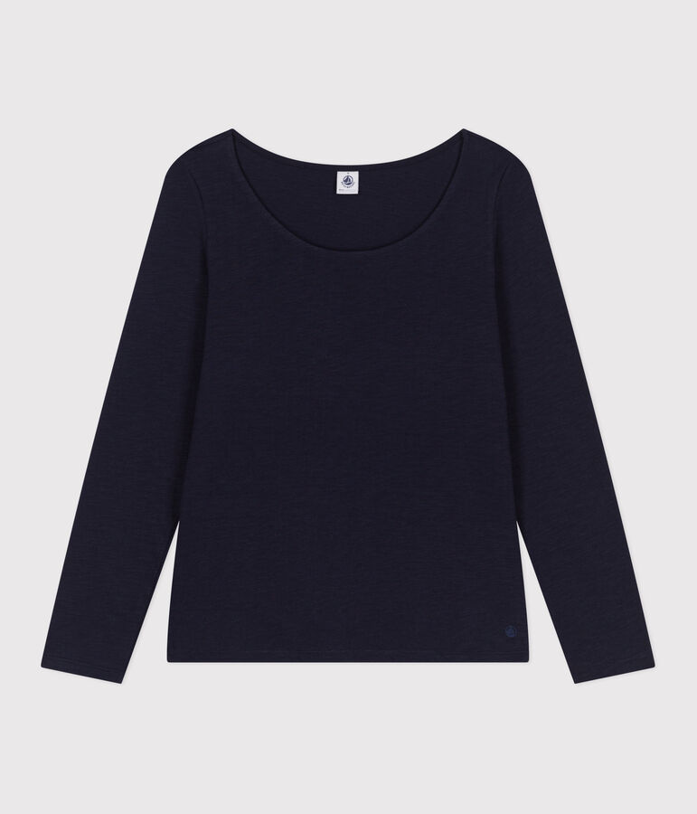 Women's Straight long-sleeved scoop neck T-shirt in slub jersey blue