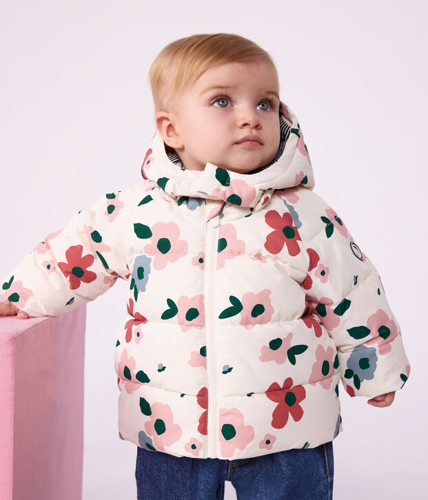 Babies' puffer jacket in animal print polyester Ecru/pink