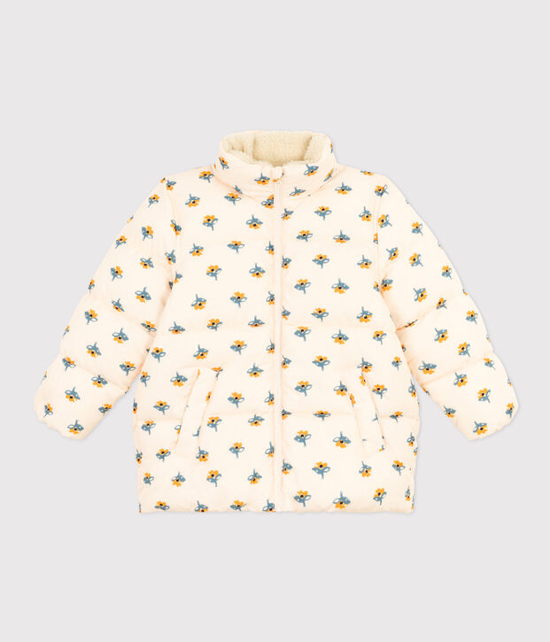 Girls' puffer jacket with fold-out hood Ecru/multicolor