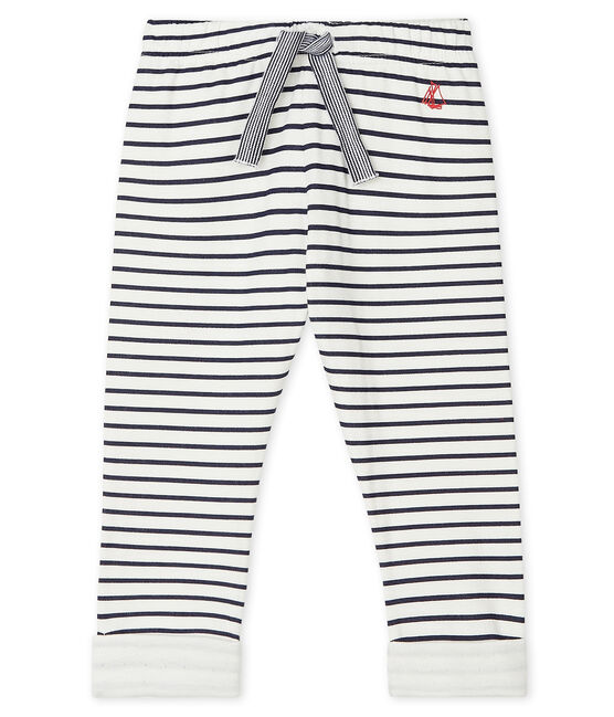 Unisex Baby's Print Tube Knit Trousers. MARSHMALLOW white/SMOKING blue