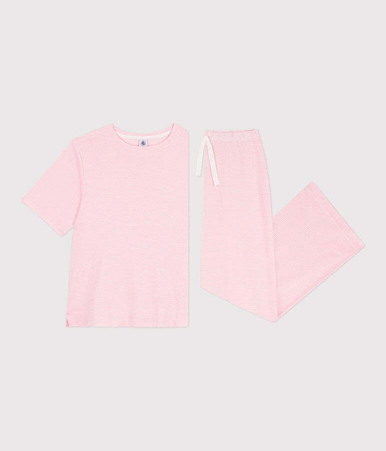 Women's wide-leg stripy cotton pyjamas pink/white