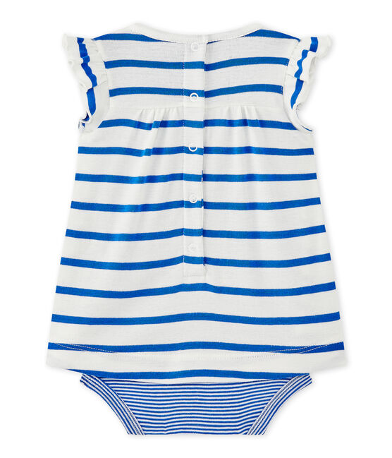 Baby girls' striped bodysuit dress MARSHMALLOW white/PERSE blue