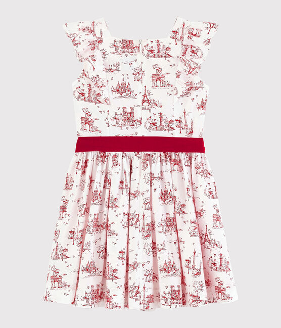 Girls' Short-Sleeved Poplin Dress MARSHMALLOW white/TERKUIT red