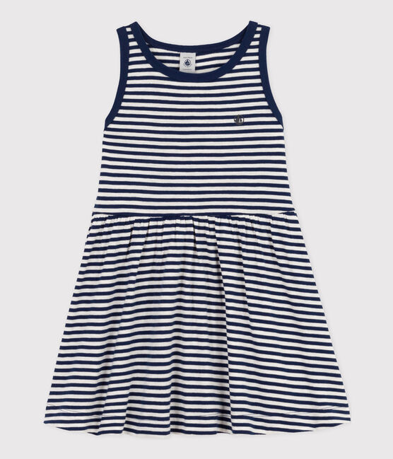Girls' Sleeveless Striped Cotton Dress MEDIEVAL blue/MARSHMALLOW white