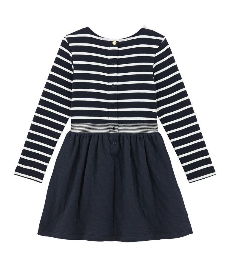 Girl's dual fabric striped dress SMOKING blue/MARSHMALLOW white