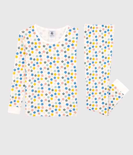 Girls' Glow-In-The-Dark Retro Floral Snugfit Cotton Pyjamas MARSHMALLOW white/MULTICO white