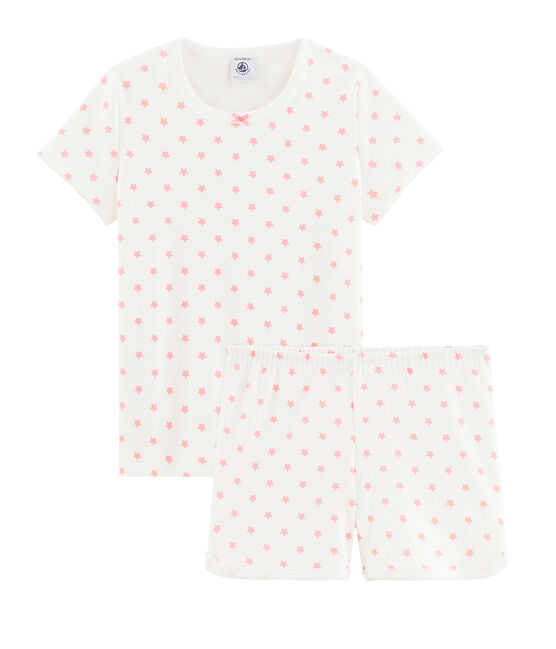 Girls' starry pink short pyjamas in cotton. MARSHMALLOW white/GRETEL pink