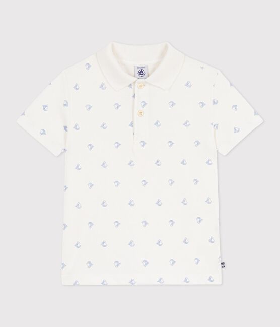 Children's short-sleeved anchor print cotton polo shirt MARSHMALLOW white/CREPUSCULE