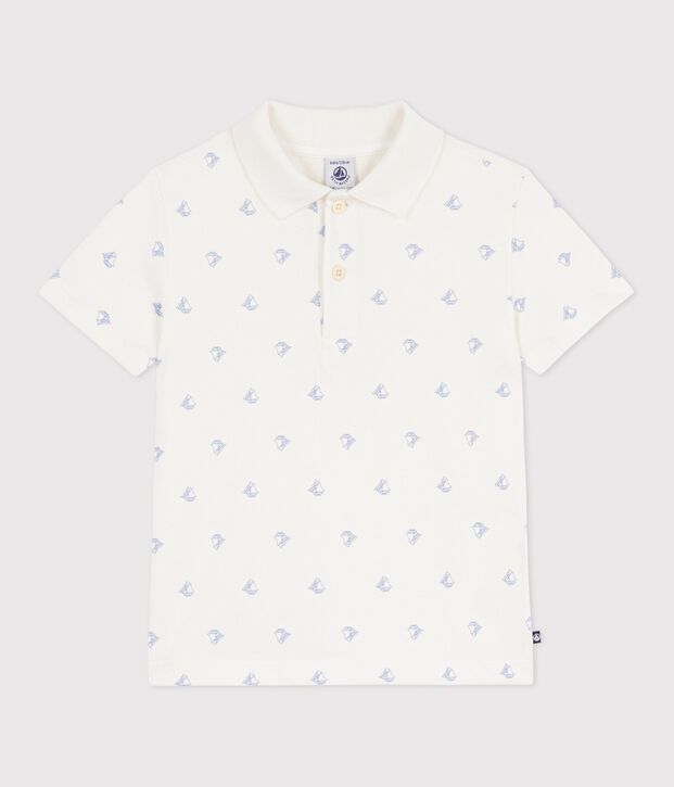 Children's short-sleeved anchor print cotton polo shirt white/blue
