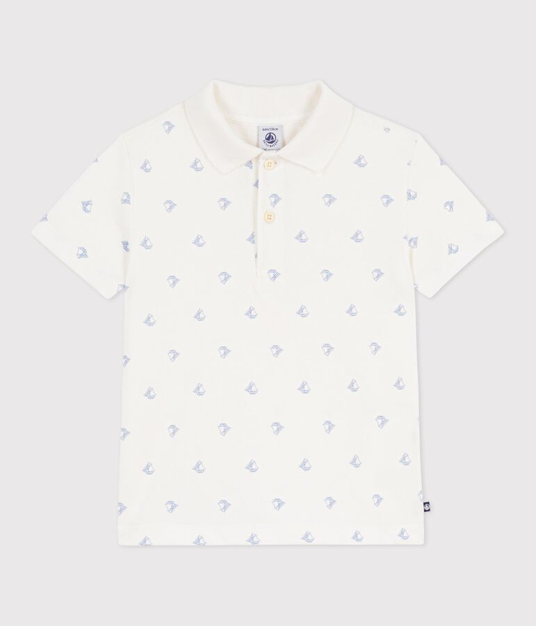 Children's short-sleeved anchor print cotton polo shirt white/blue