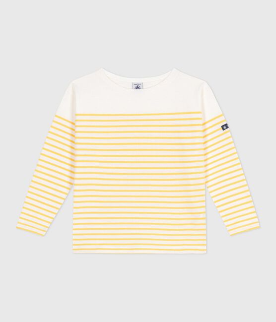 Children's long-sleeved cotton Breton T-shirt MARSHMALLOW white/ORGE