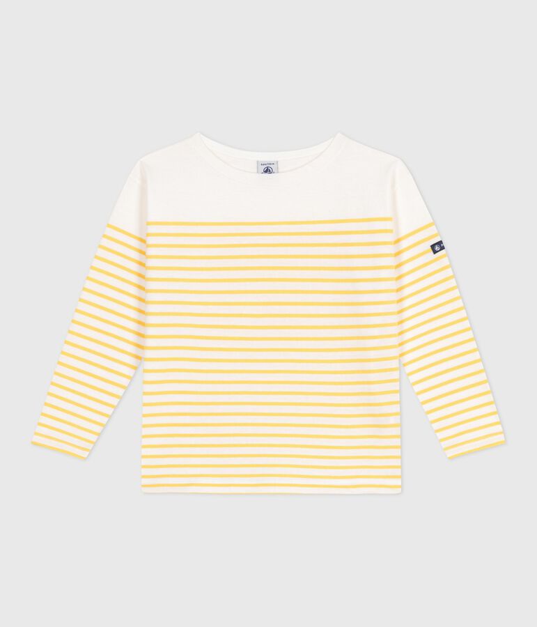 Children's long-sleeved cotton Breton T-shirt MARSHMALLOW white/ORGE