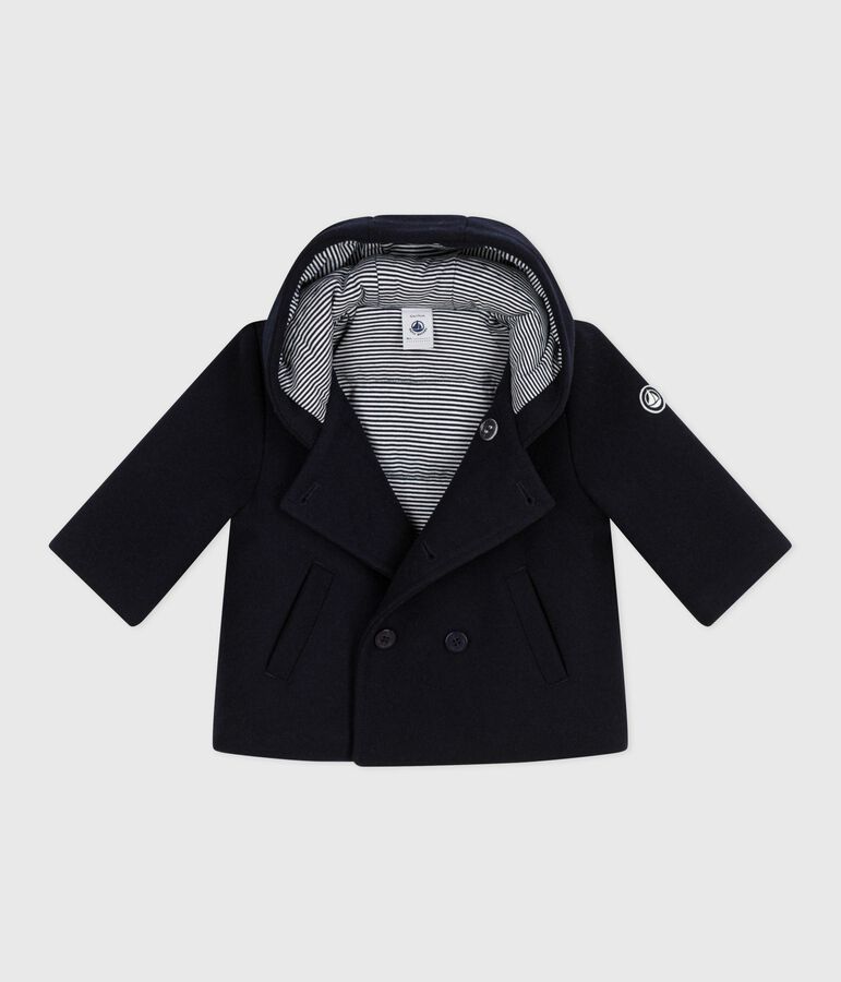 Babies' pea coat in plain woollen broadcloth blue