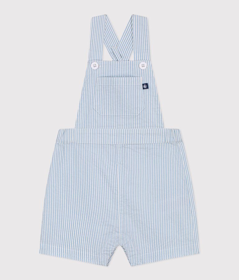 Babies' short-legged stripy cotton dungarees MARSHMALLOW blue/FLO