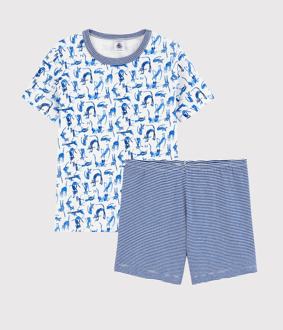 Boys' Cat Print Cotton Short Pyjamas MARSHMALLOW white/MULTICO white