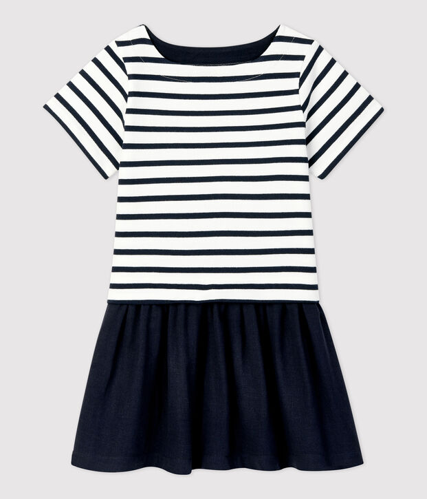 Girls' Organic Cotton Jersey and Gauze Dress white/blue