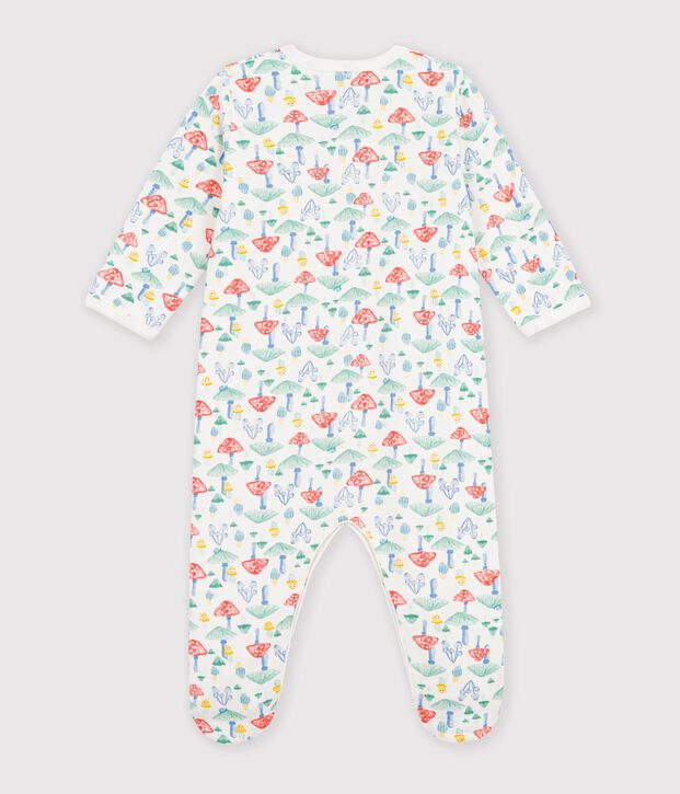 Babies' patterned fleece pyjama suit printed with mushrooms white/multicolor