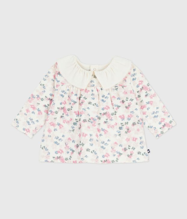 Babies' long-sleeved floral-print cotton blouse Ecru/multicolor