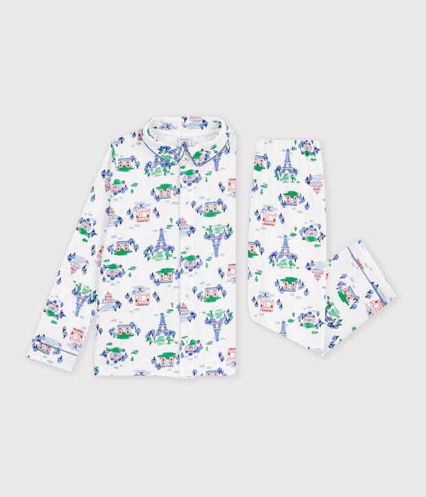 Children's buttoned Paris print cotton pyjamas white/multicolor