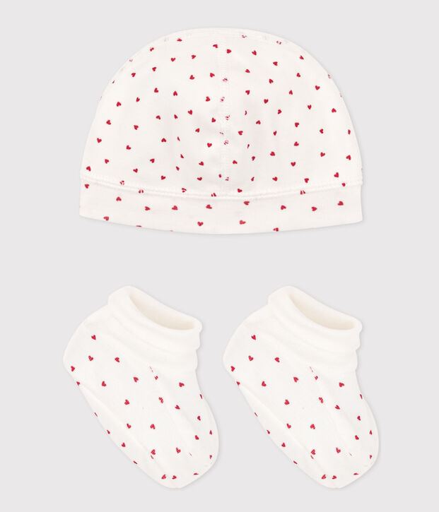 Babies' Heart Patterned Bonnet and Bootees Set multicolor