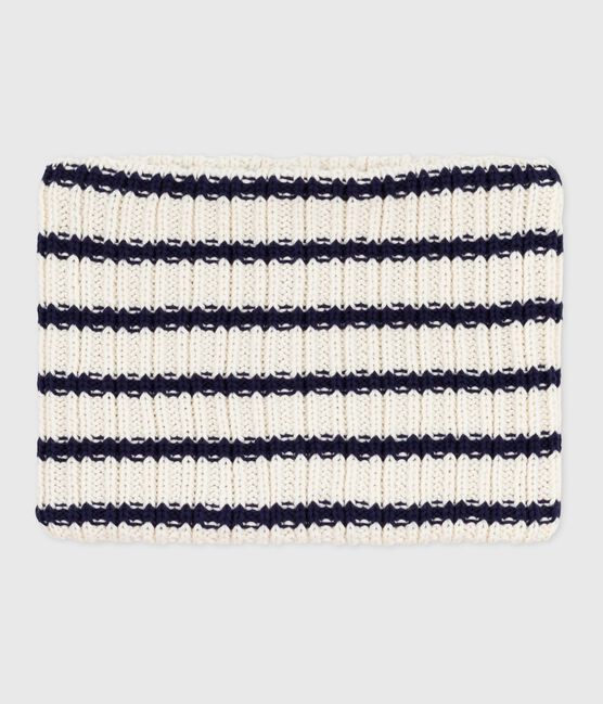 Children's stripy fleece-lined knitted snood MARSHMALLOW blue/SOIR