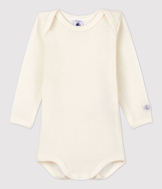 Babies' Long-Sleeved Bodysuit in Cotton/Wool MARSHMALLOW white