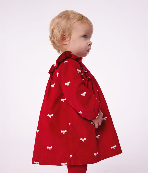 Babies' dress in velour with long sleeves and bow motif embroidery red/ecru