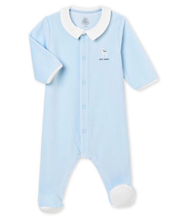 Baby boy's plain cotton velour sleepsuit blue