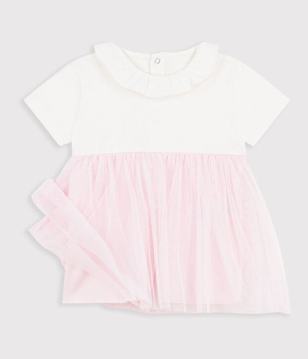 Babies' short-sleeved dress in two materials pink/pink