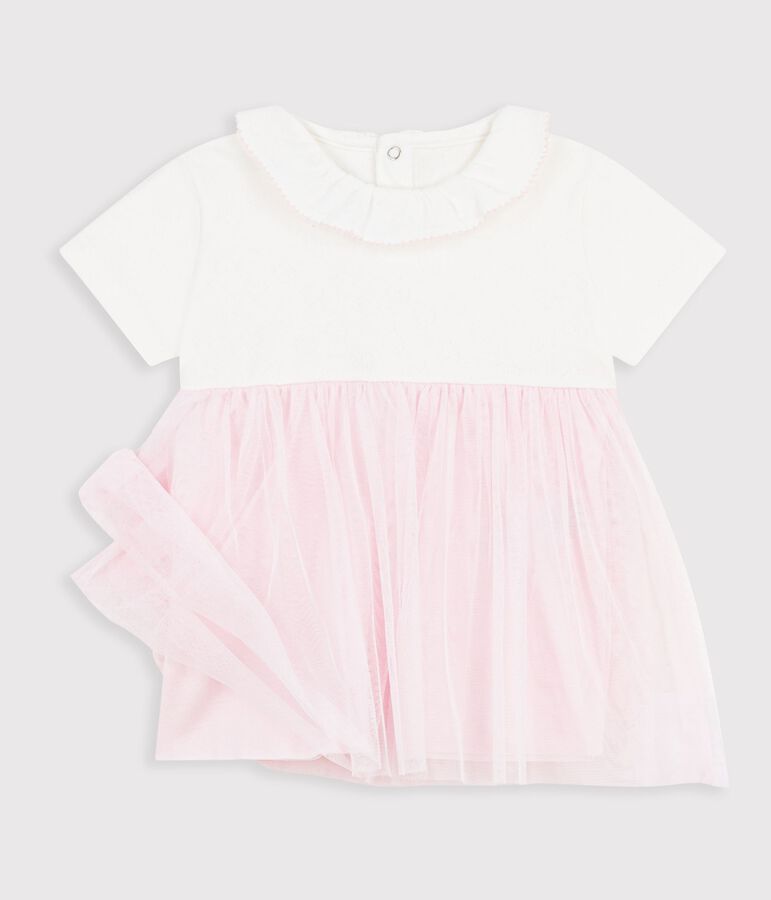 Babies' short-sleeved dress in two materials pink/pink
