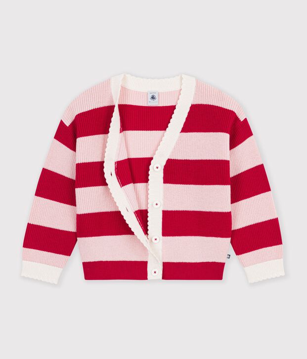 Children's stripy wool and cotton cardigan pink/pink