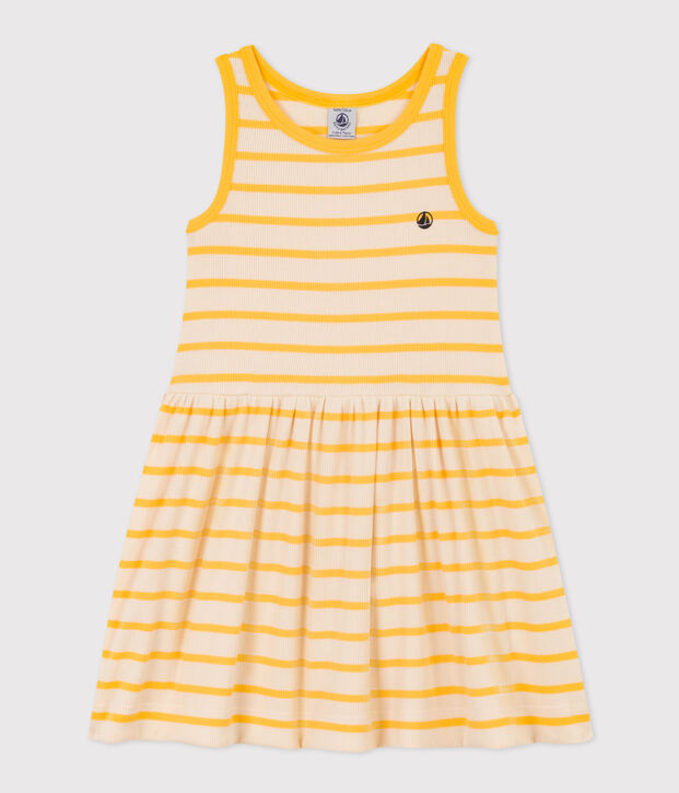 Girls' Sleeveless Cotton Dress Ecru/yellow