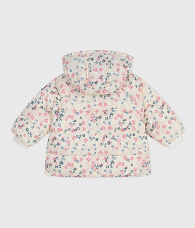 Baby down jacket with floral print and removable hood Ecru/multicolor