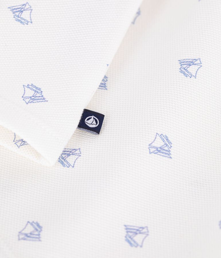 Babies' short-sleeved cotton polo shirt printed with vintage boats white/blue