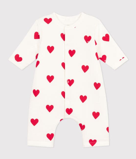 Babies' Long Quilted Cotton Jumpsuit MARSHMALLOW white/TERKUIT red