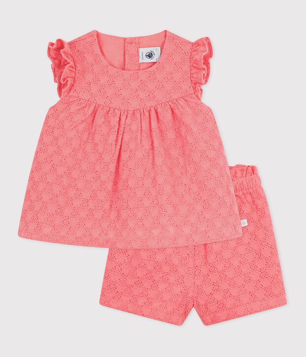 Babies' 2-piece outfit in broderie anglaise, hearts design pink