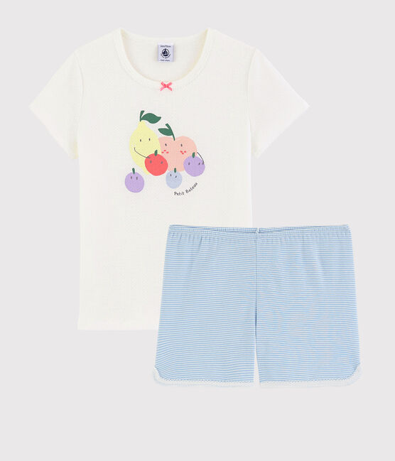 Girls' Summer Fruit Pattern Cotton Short Pyjamas MARSHMALLOW white/MULTICO white