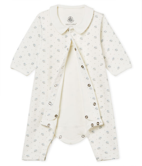 Baby boys' footless bodyjama in printed 1x1 rib knit MARSHMALLOW white/MULTICO white