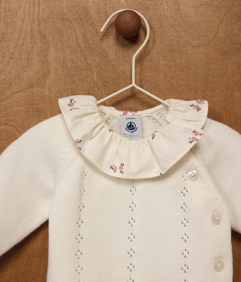 Babies' 2-piece set in wool and cotton with a flower-patterned ruff MARSHMALLOW white