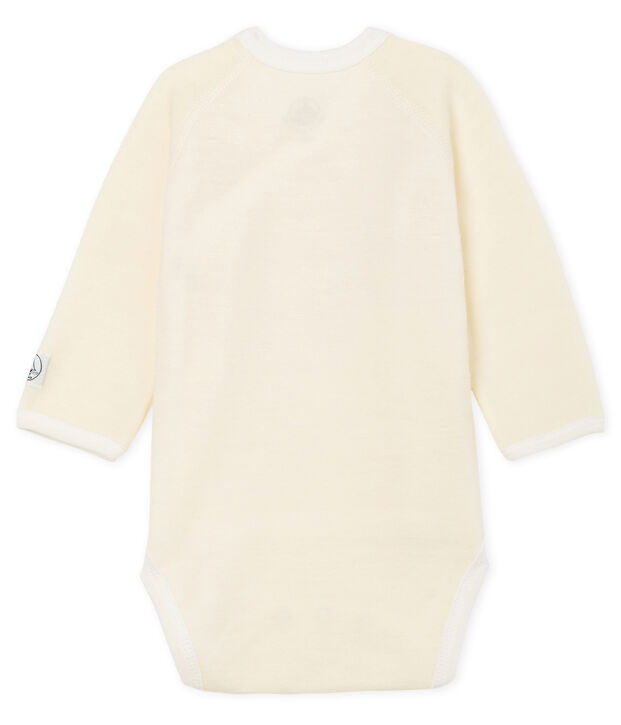 Newborn babies' long-sleeved cotton and wool bodysuit white