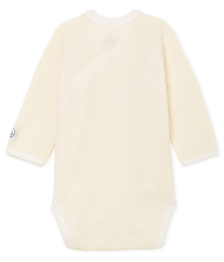 Newborn babies' long-sleeved cotton and wool bodysuit MARSHMALLOW white
