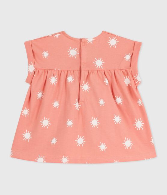 Babies' short-sleeved sun print cotton blouse ABRICOT orange/MARSHMALLOW
