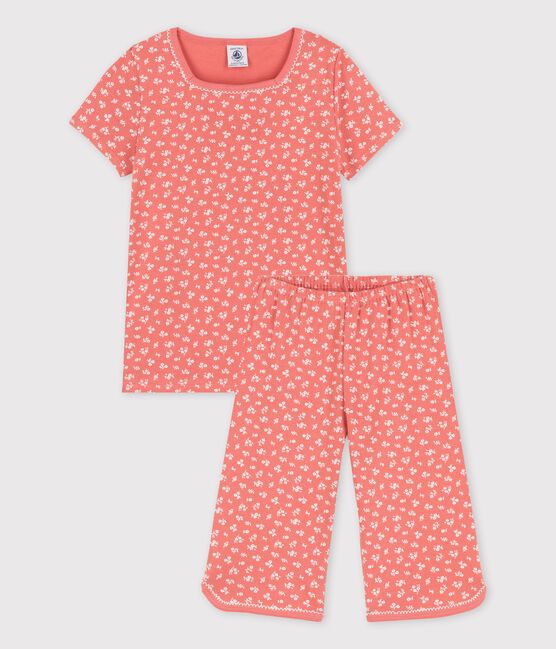 Girls' Floral Short-Sleeved Organic Cotton Pyjamas PAPAYE pink/MARSHMALLOW