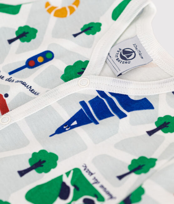 Babies' Short Cotton Playsuit MARSHMALLOW white/MEDIEVAL blue
