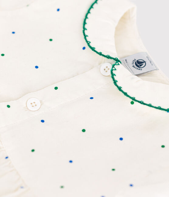 Babies' short-sleeved spotty print cotton rompers with a collar MARSHMALLOW white/MULTICO white