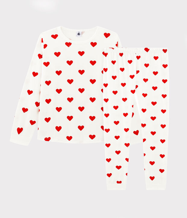 Children's cotton pyjamas with heart print white/red