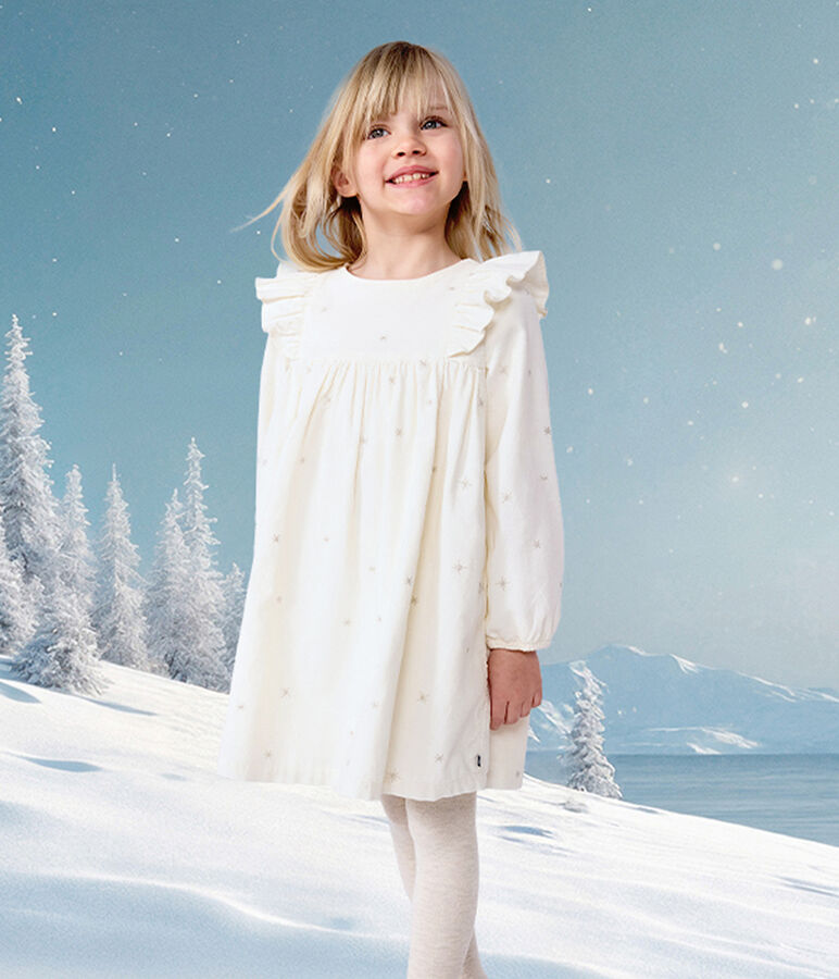 Children's long-sleeved plain corduroy dress Ecru/grey